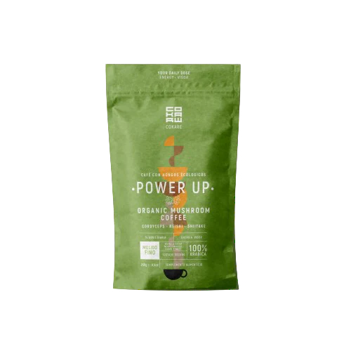 Front of the "Functional Organic Coffee" package featuring Reishi, Cordyceps & Shiitake mushrooms. Highlights 100% Organic Arabica beans, medium roast, and 500 mg mushroom extracts for daily energy and vigor. When Nature Calls