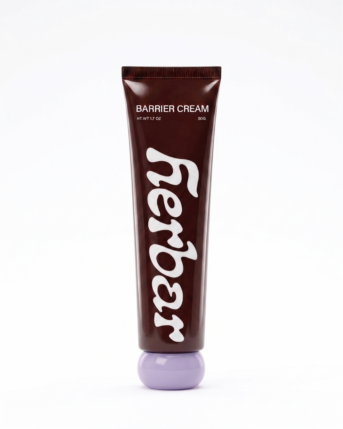 A squeeze tube of Herbar Barrier Cream on a clean white background. The tube is dark brown with white text and a light purple cap.