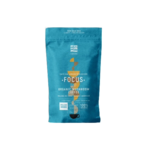 Front of the "Functional Organic Coffee" package featuring Lion's Mane, Reishi, and Agaricus mushrooms. Highlights 100% Organic Arabica beans, medium roast, and 500 mg mushroom extracts for focus and cognitive support. When Nature Calls