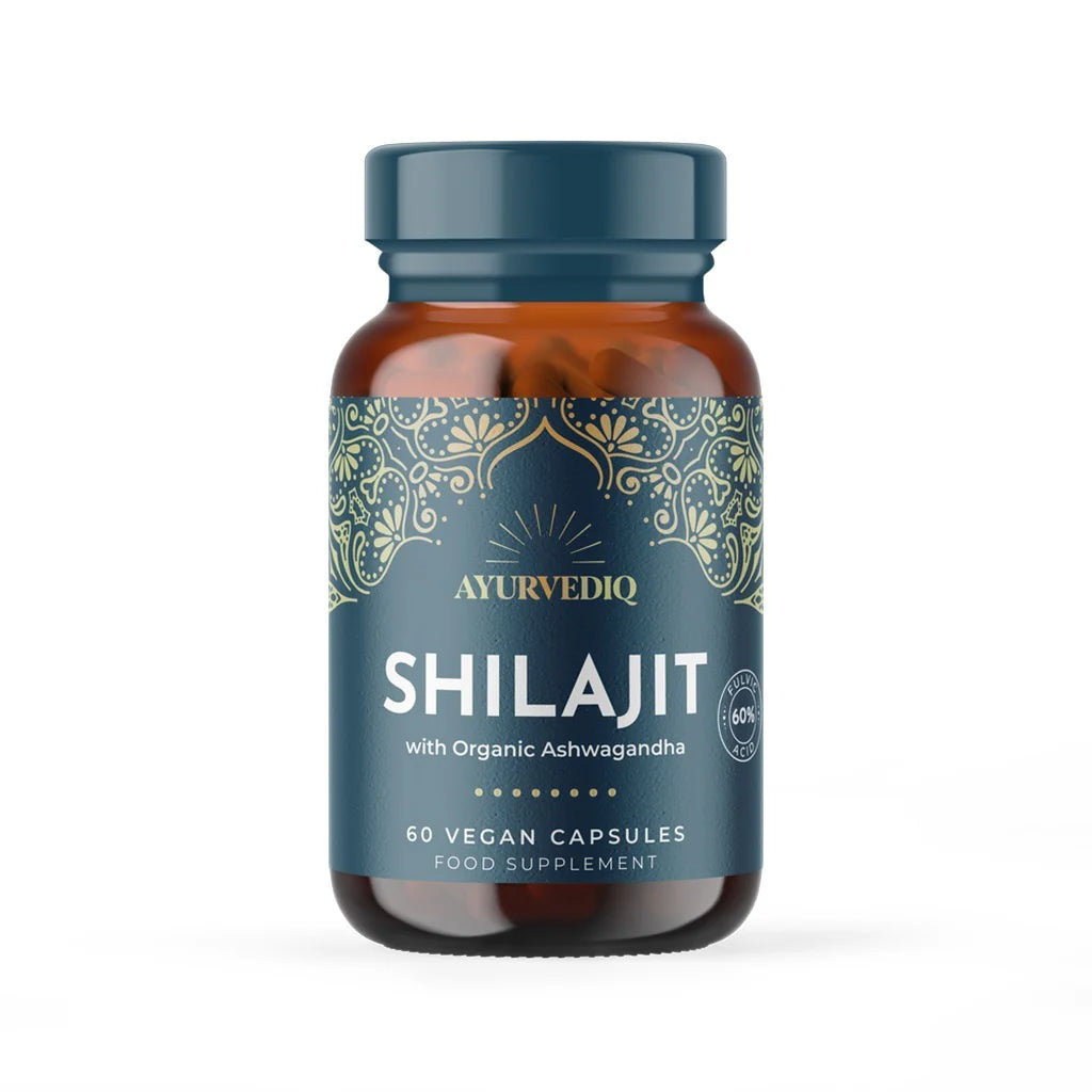 Shilajit and organic Ashwaganda Capsules, front of packaging. Highlights 60 vegan capules. When Nature Calls